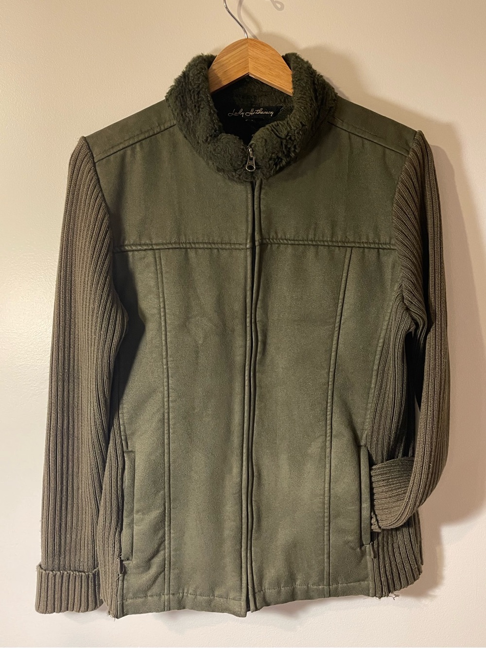 Lady Hathaway Olive Green Faux Suede Knit Sleeve Jacket L